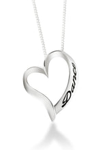 Forever Dance Heart Shaped Dancer necklace in sterling silver. An open heart with the word Dance embossed up the side hangs on a delicate sterling silver chain.