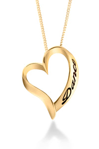 Forever Dance Heart Shaped Dancer necklace in 10 Karat Yellow gold. An open heart with the word Dance embossed up the side hangs on a delicate yellow gold chain.